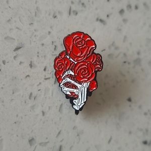 Skeleton Hand Holding Red Roses Bouquet Flowers Bloom Macabre Death Lapel Pin